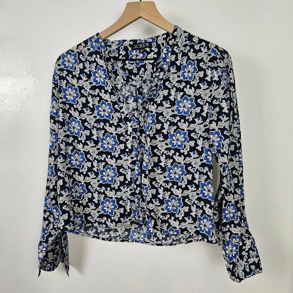 J.Crew V-Neck Tie Top XXS Floral Print Dobby Blue Navy Dark‎ Evening Floral